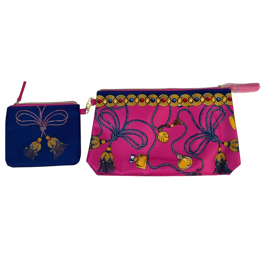 Estee Lauder Makeup Bag Set Pink Blue Tassel Recycled Fabric 2 Piece NEWPouch